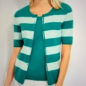 NWT Talbots Deep Aqua Striped Elbow Sleeve Cardigan